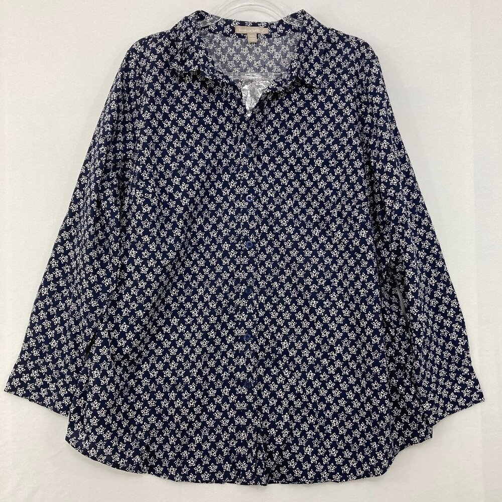Woman Within size 18/20 Navy Star Print Long Sleeve Button Down Cotton Preppy